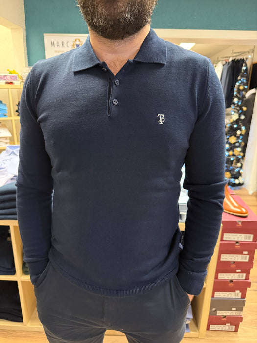 Tom Penn Long Sleeved Knit Polo - Navy - jjdonnelly