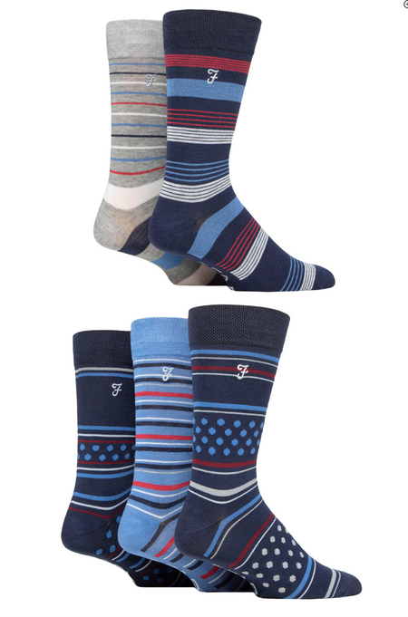 Farah Mens Bamboo Patterned Socks 5 Pack - Navy - jjdonnelly